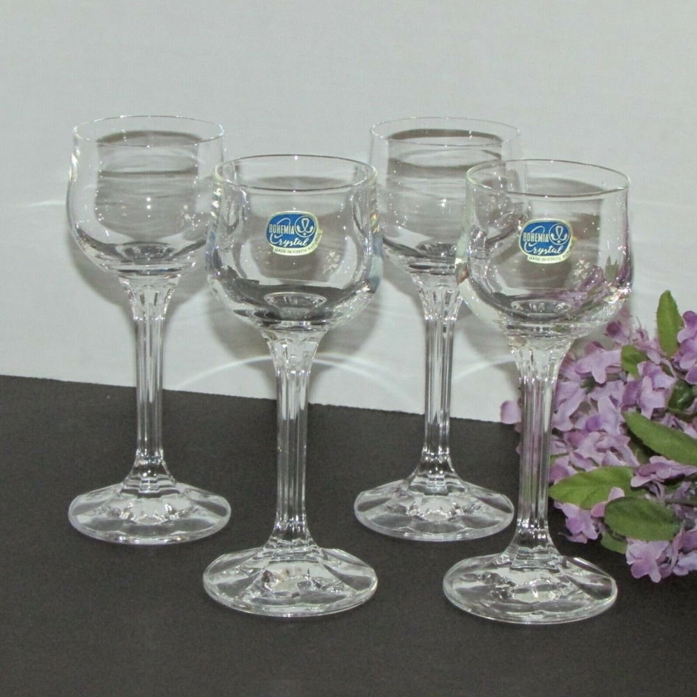 4 Bohemia Crystal DIANA Liqueur Glasses Tulip Shape Czech Republic Small Goblets